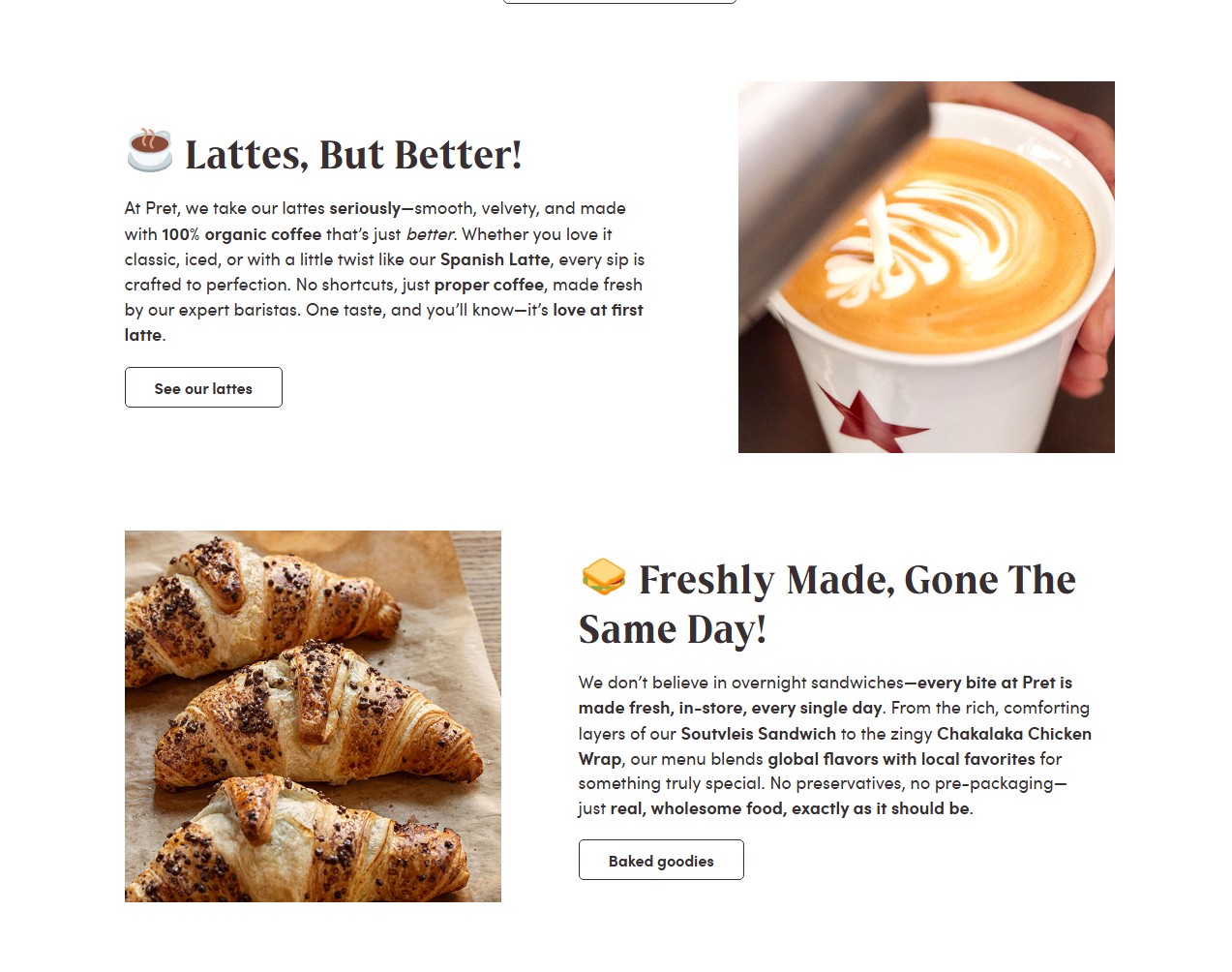 Pret A Manger South Africa website interface